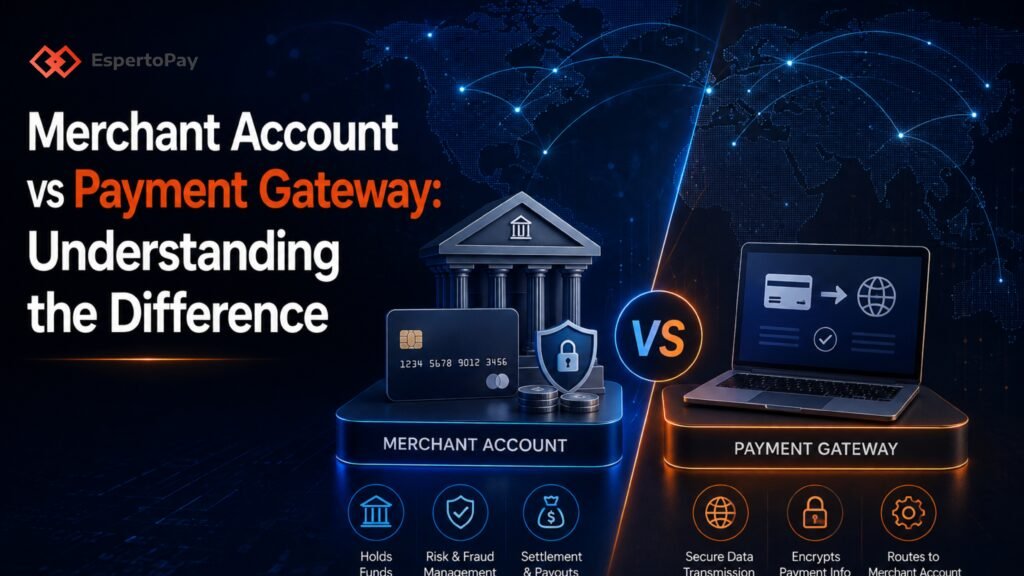 Merchant account and payment gateway process showing how online card payments move securely from customer checkout to business settlement.